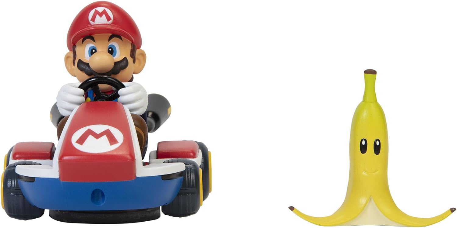 Super Mario Spin Out Mariokart Mario Racer Vehicle with 360 Spins, Wind Up and Go! Includes One 2.5” Mario Action Figure