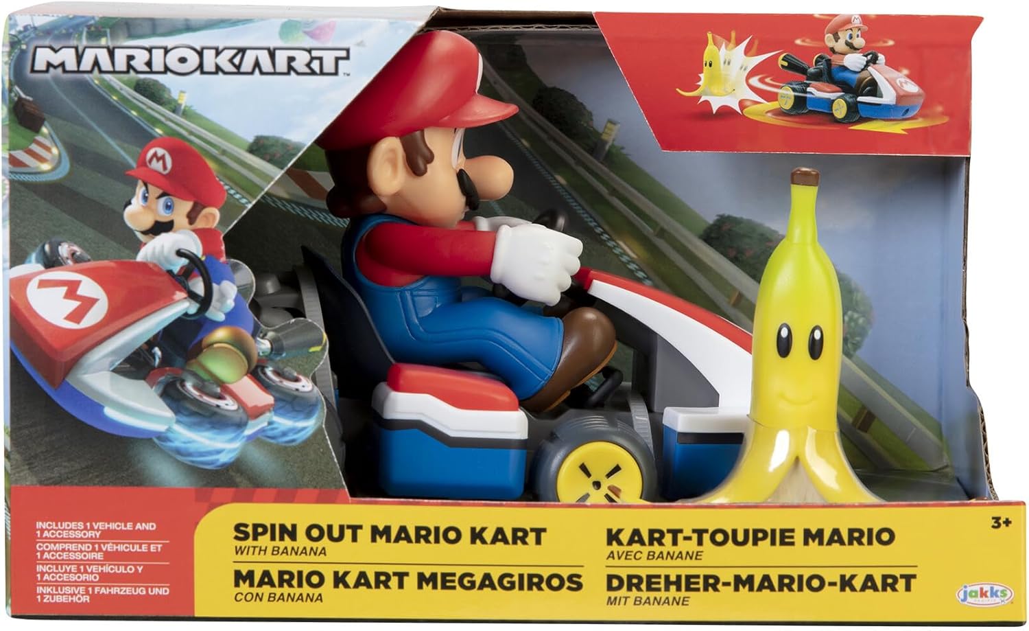 Super Mario Spin Out Mariokart Mario Racer Vehicle with 360 Spins, Wind Up and Go! Includes One 2.5” Mario Action Figure
