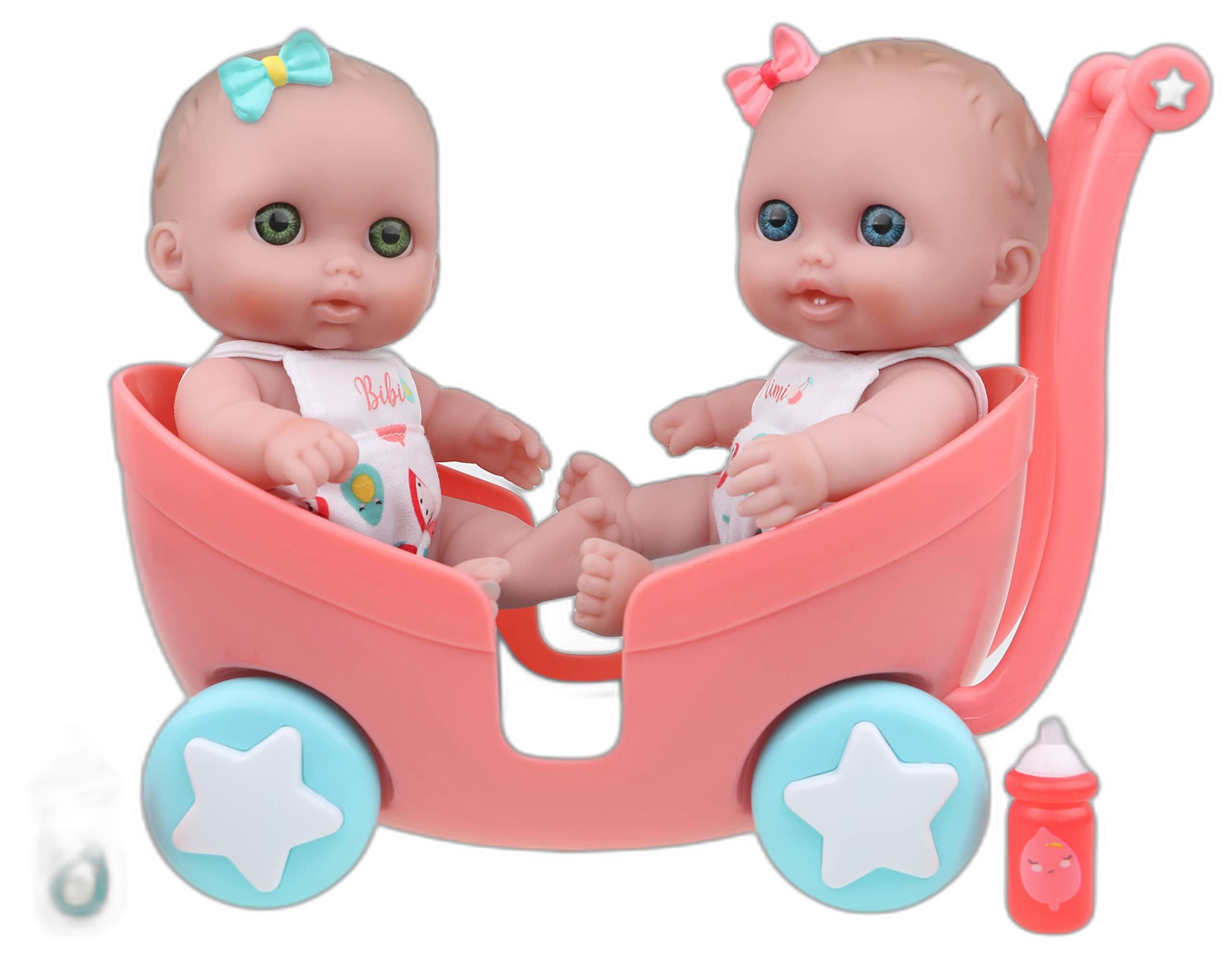 Lil Cutesies TWIN 8.5" All Vinyl Dolls and Stroller Set | Posable and Washable | Removable Outfits |Twin Stroller and Accessory | JC Toys | Ages 2+ , Green