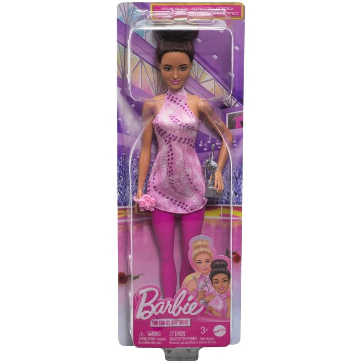 Barbie Careers Fashion Doll & Accessories, Brunette Ice Skater in Removable Pink Outfit with Ice Skates & Trophy