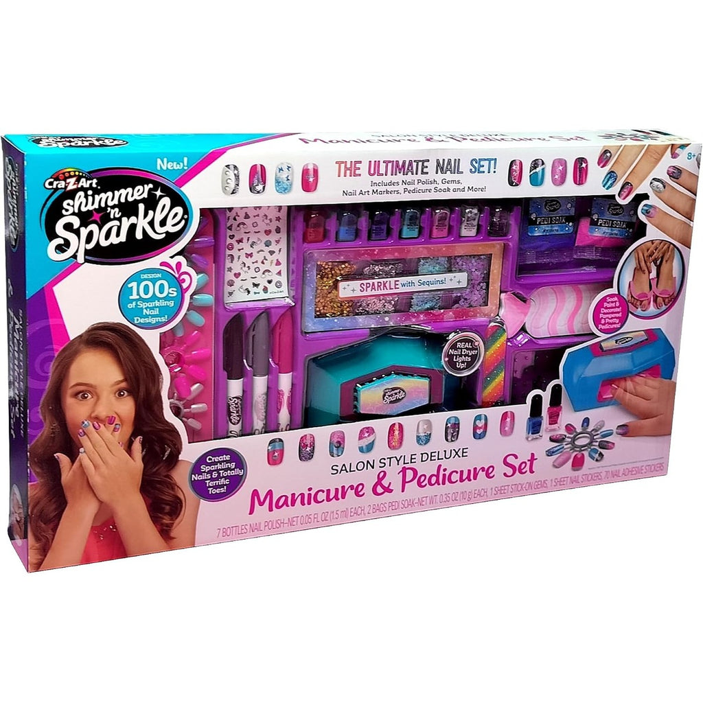 Shimmer N Sparkle Salon Style Manicure & Pedicure Kit with Real Nail Dryer, Soak, Polish and Decorate Accessories for Fun At Home Nail Art and Spa Play