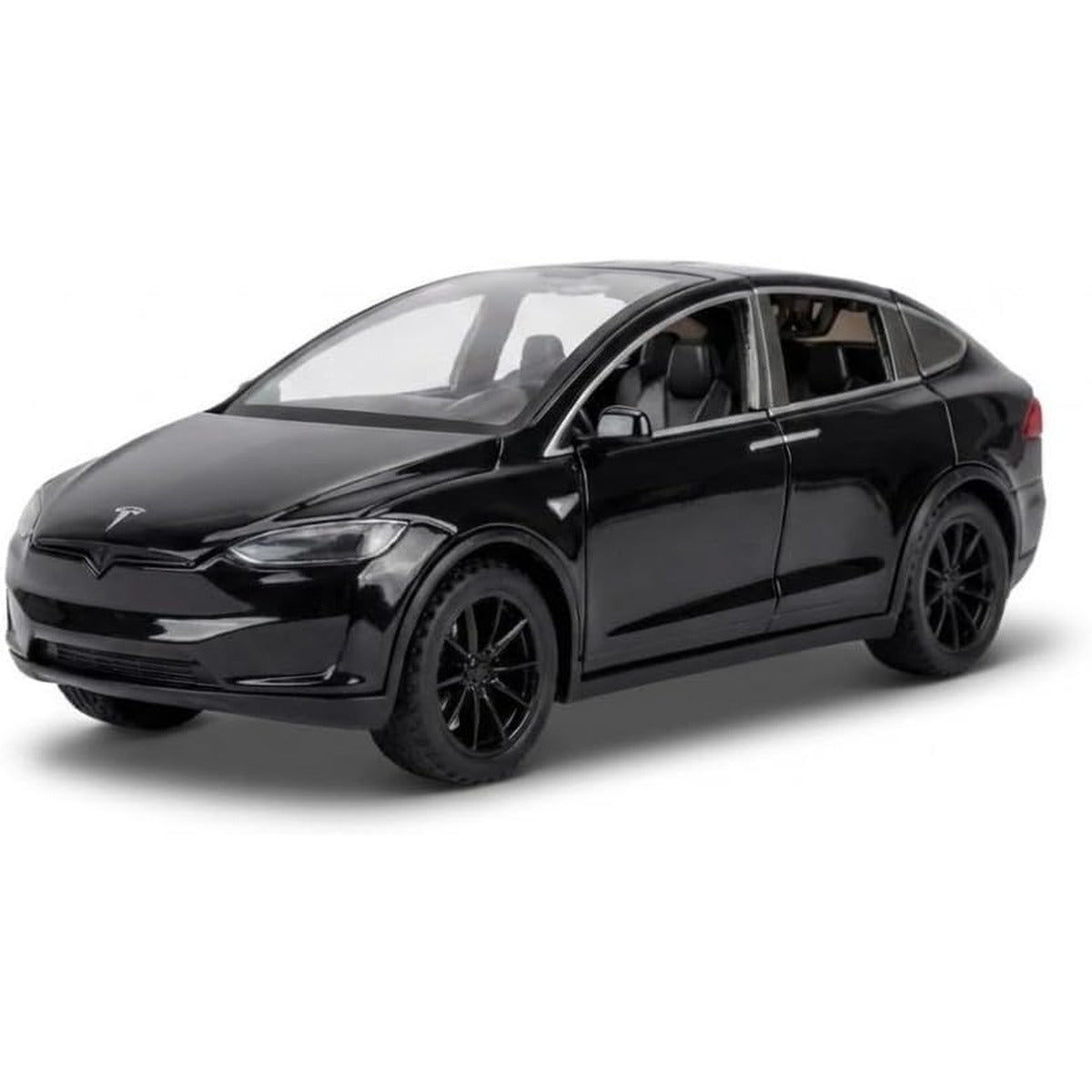 1:28 Scale Electric SUV Car Model Car with Open Up Rear Doors Special Display Base Light and Sound (Black)