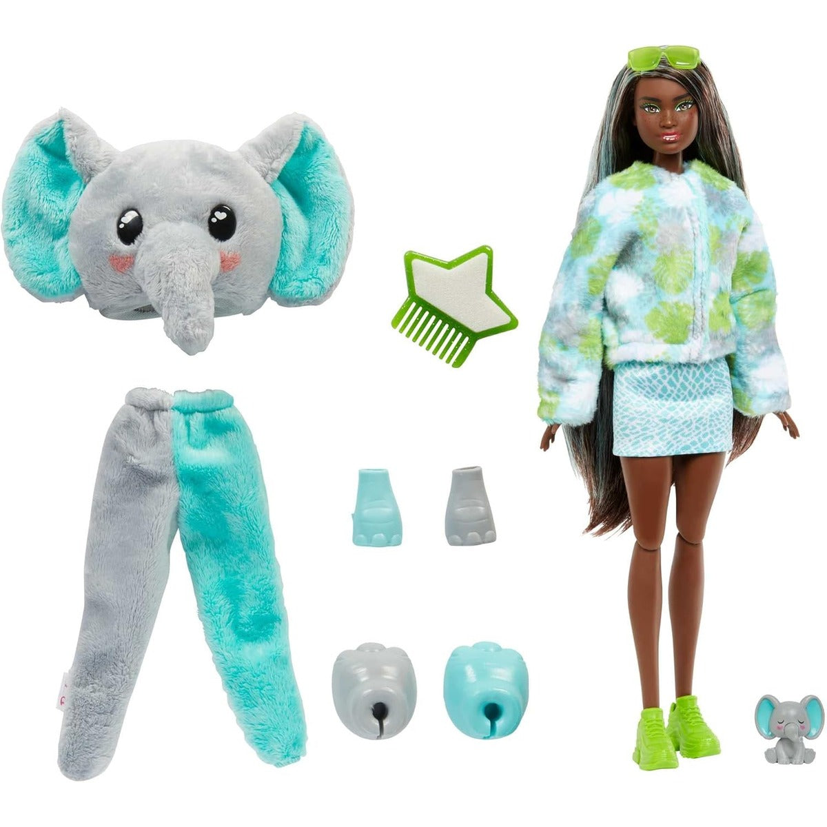 Barbie Cutie Reveal Fashion Doll, Jungle Series Elephant Plush Costume, 10 Surprises Including Mini Pet & Color Change