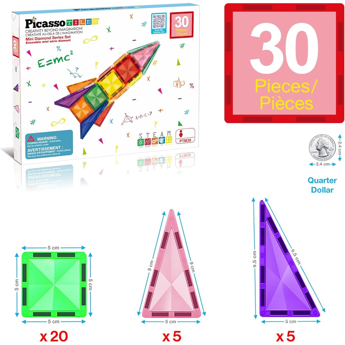 PicassoTiles 30pcs Mini Size Magnetic Tiles Sensory Magnet Toys Diamond