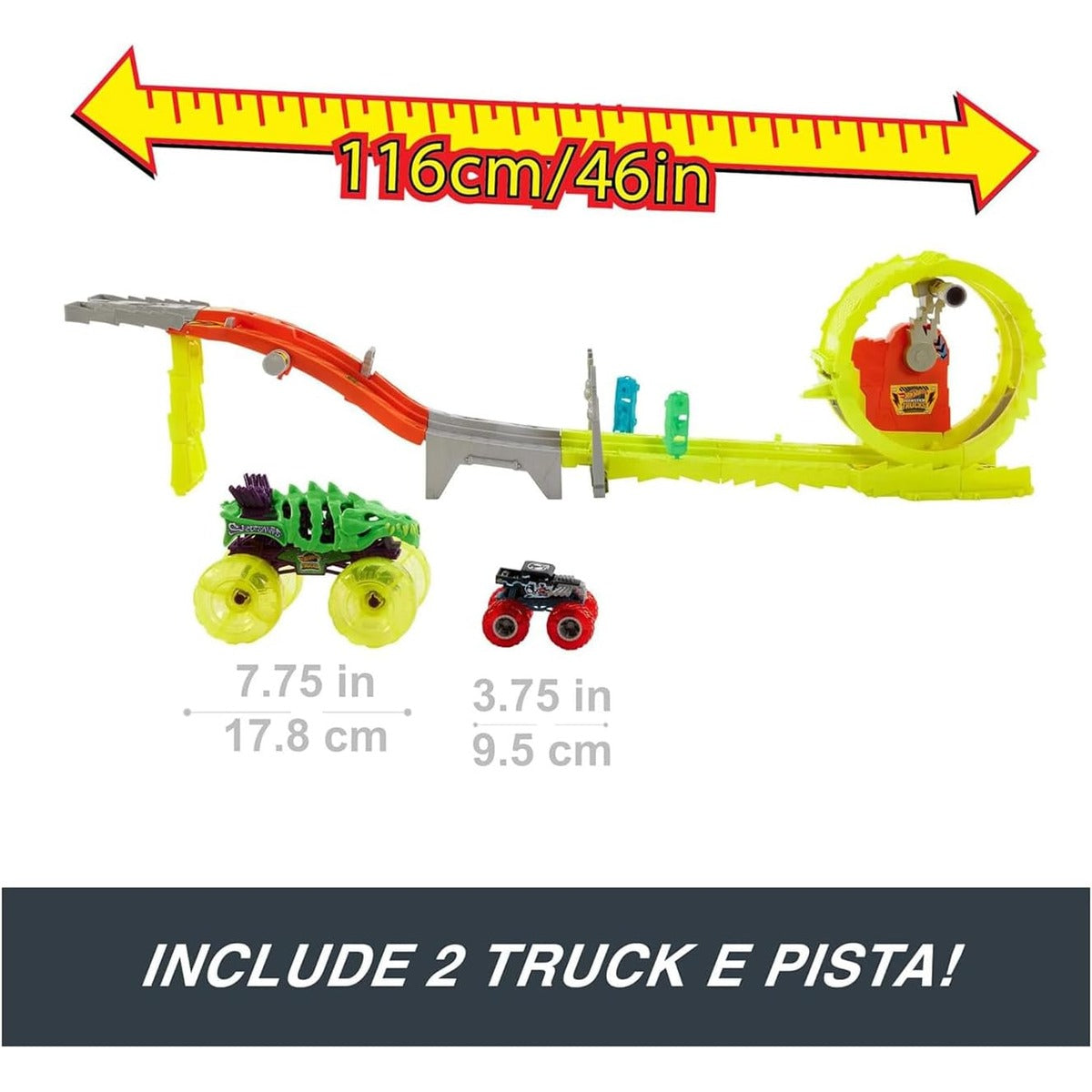 Hot Wheels Monster Trucks Track Set with 2 Toy Trucks: Oversized Skelesaurus &amp; 1:64 Scale Bone Shaker, Charge &amp; Chase Challenge with 2 Crushed Cars
