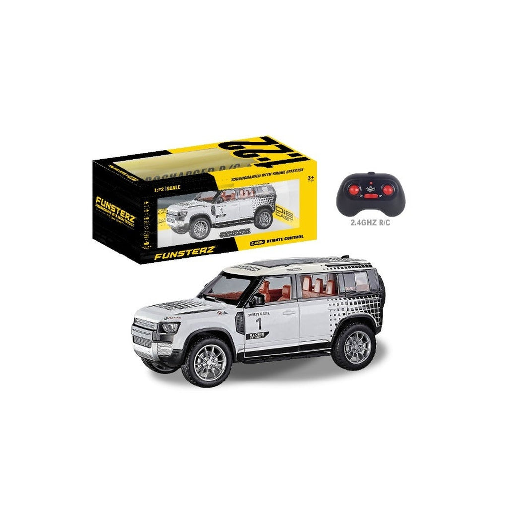 Funsterz 1:22 RC Land Rover Defender with Spray Mist & LED Lights - Full-Function Remote Control Alloy Car for Kids, Realistic Exhaust Effect, Rechargeable Off-Road Vehicle (6+ Years)