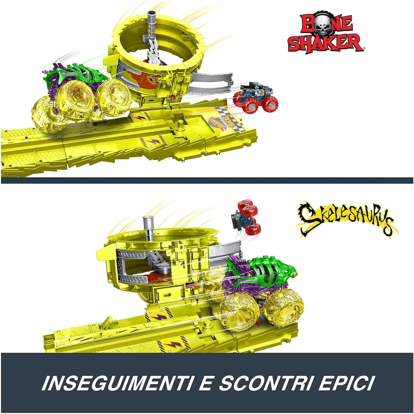 Hot Wheels Monster Trucks Track Set with 2 Toy Trucks: Oversized Skelesaurus &amp; 1:64 Scale Bone Shaker, Charge &amp; Chase Challenge with 2 Crushed Cars