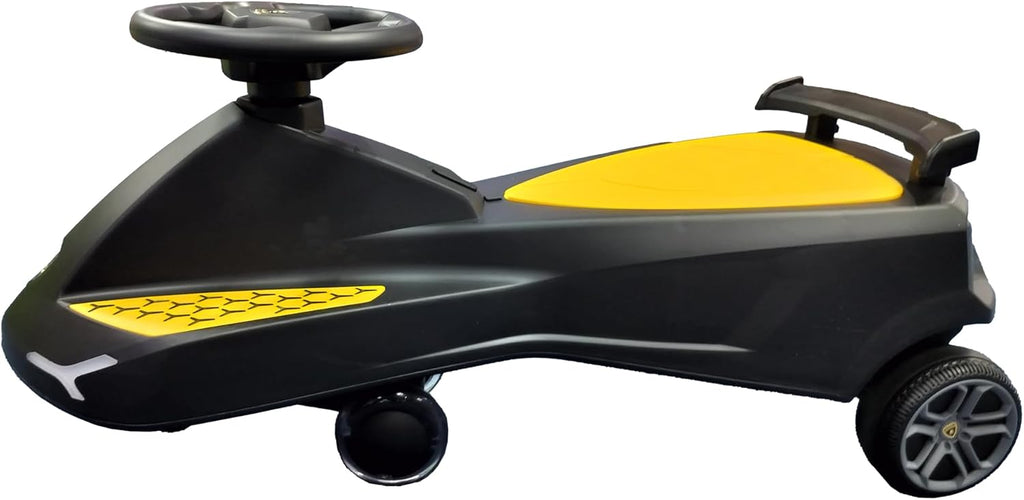 Lamborghini Swing Car Ride On with Lights and Sounds, 360 Rotation, Movable Rear Wing - Black