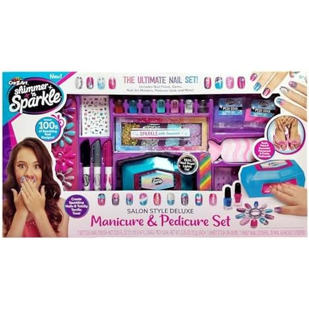 Shimmer N Sparkle Salon Style Manicure & Pedicure Kit with Real Nail Dryer, Soak, Polish and Decorate Accessories for Fun At Home Nail Art and Spa Play