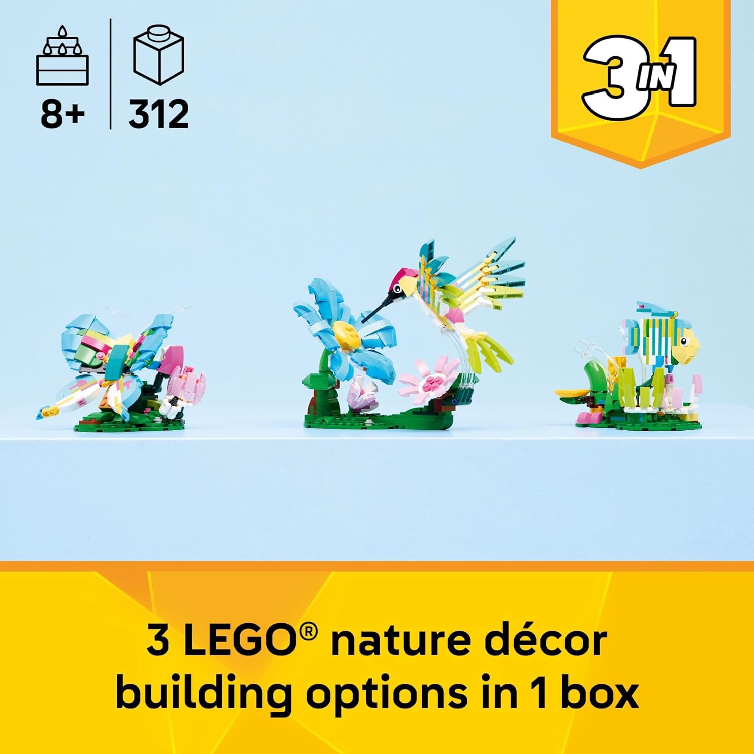 LEGO Creator 3 in1 Wild Animals: Colorful Hummingbird Building Toy for Girls, Boys, &amp; Kids, Ages 8+ - Build a Bird, Butterfly, or Tropical Fish - Gift Idea for Birthdays - 31384