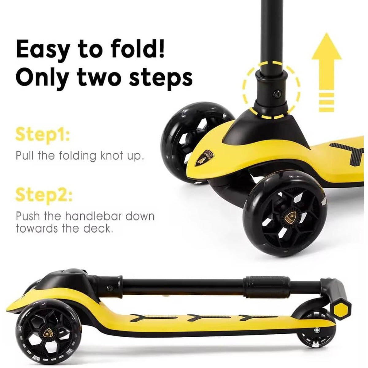 Lamborghini Yellow Scooter with seat for Kids Ages 3-8, 3 Wheel Scooter for Kids with Adjustable Height, Folding Kids
