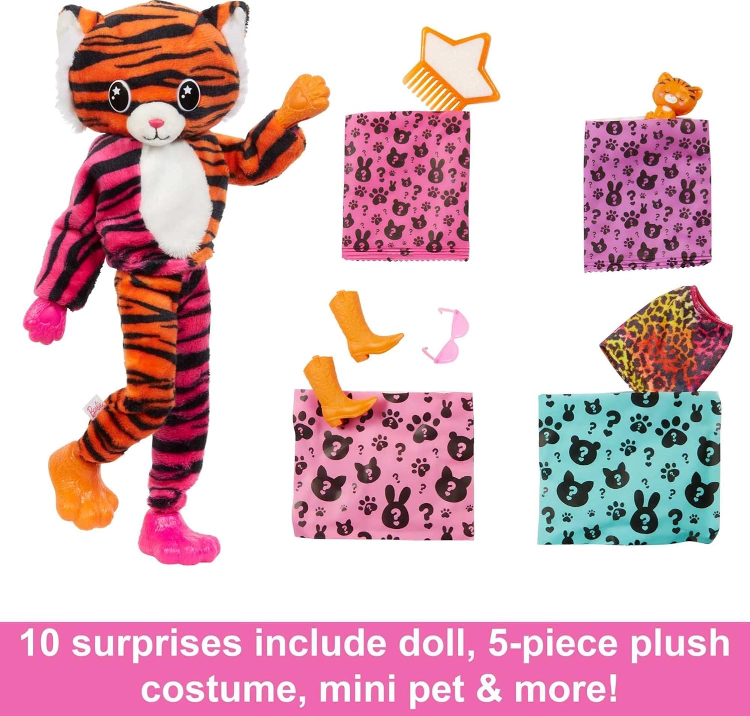 Barbie Jungle Series Cutie Reveal Doll, Doll with Plush Tiger Costume, 10 Surprises and Colour Changing, Child Toy, From 3 years, HKP99