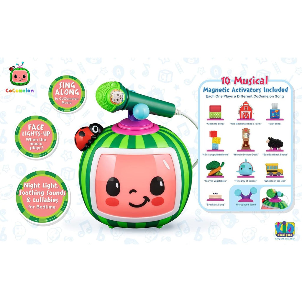 eKids Cocomelon Toy Karaoke Machine for Kids with Microphone and Musical Activators, Includes Night Light with Sleep Sounds and Lullabies for Toddlers, Green