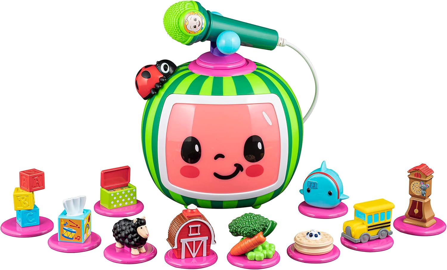 eKids Cocomelon Toy Karaoke Machine for Kids with Microphone and Musical Activators, Includes Night Light with Sleep Sounds and Lullabies for Toddlers, Green