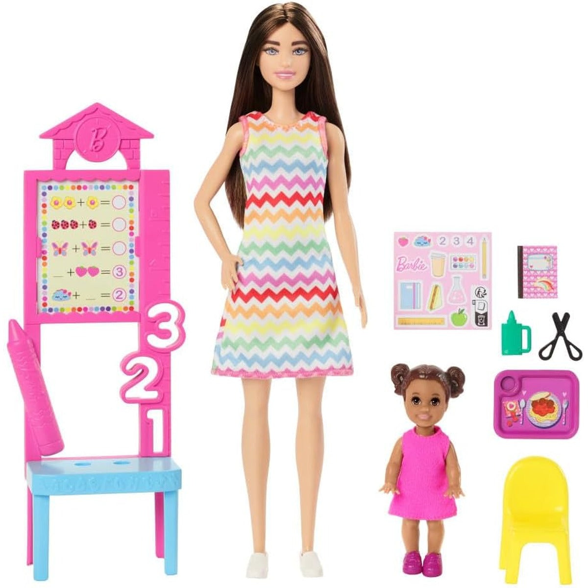 Barbie Teacher Doll with Brunette Fashion with Printed Dress, 1 Toddler, & Teaching Accessories