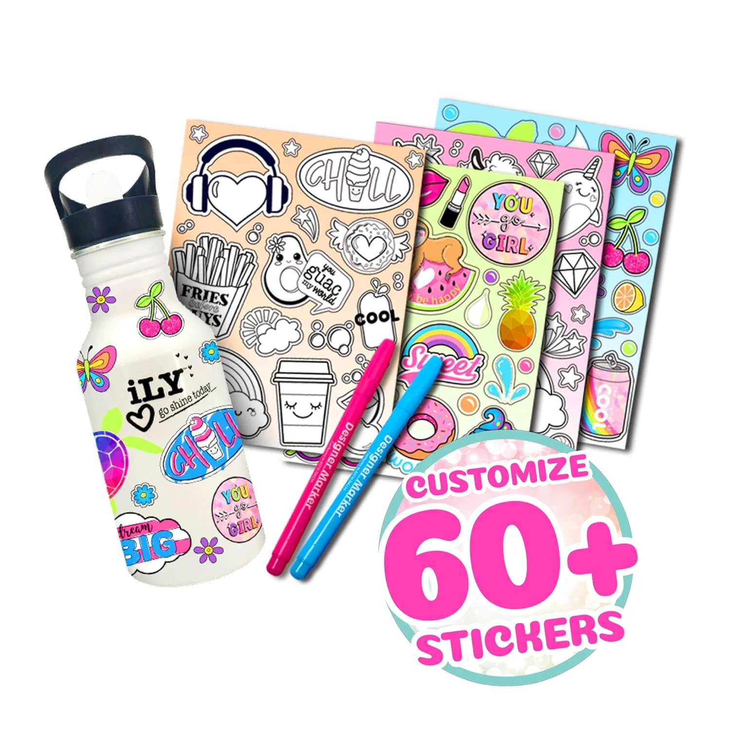 iLY ACTIVITY KINGS Insulated Hydro Water Bottle With Straw For Girls &amp; Boys | Eco-Friendly, BPA Free | Dishwasher Safe | (2 Markers, 60 Stickers, Kids 6+)