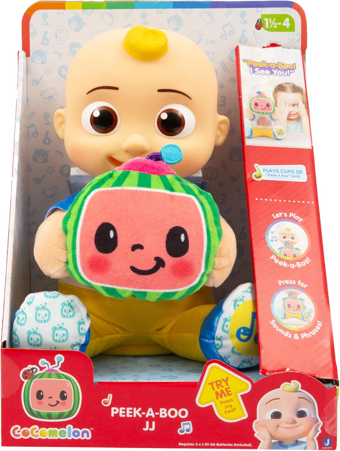 Giochi Preziosi Cocomelon Peek A Boo JJ - JJ in Plush Version 30 cm with Motorised Sounds and Movements for Playing Bubu Seven Years, for Children from 2 Years, Ccm41000