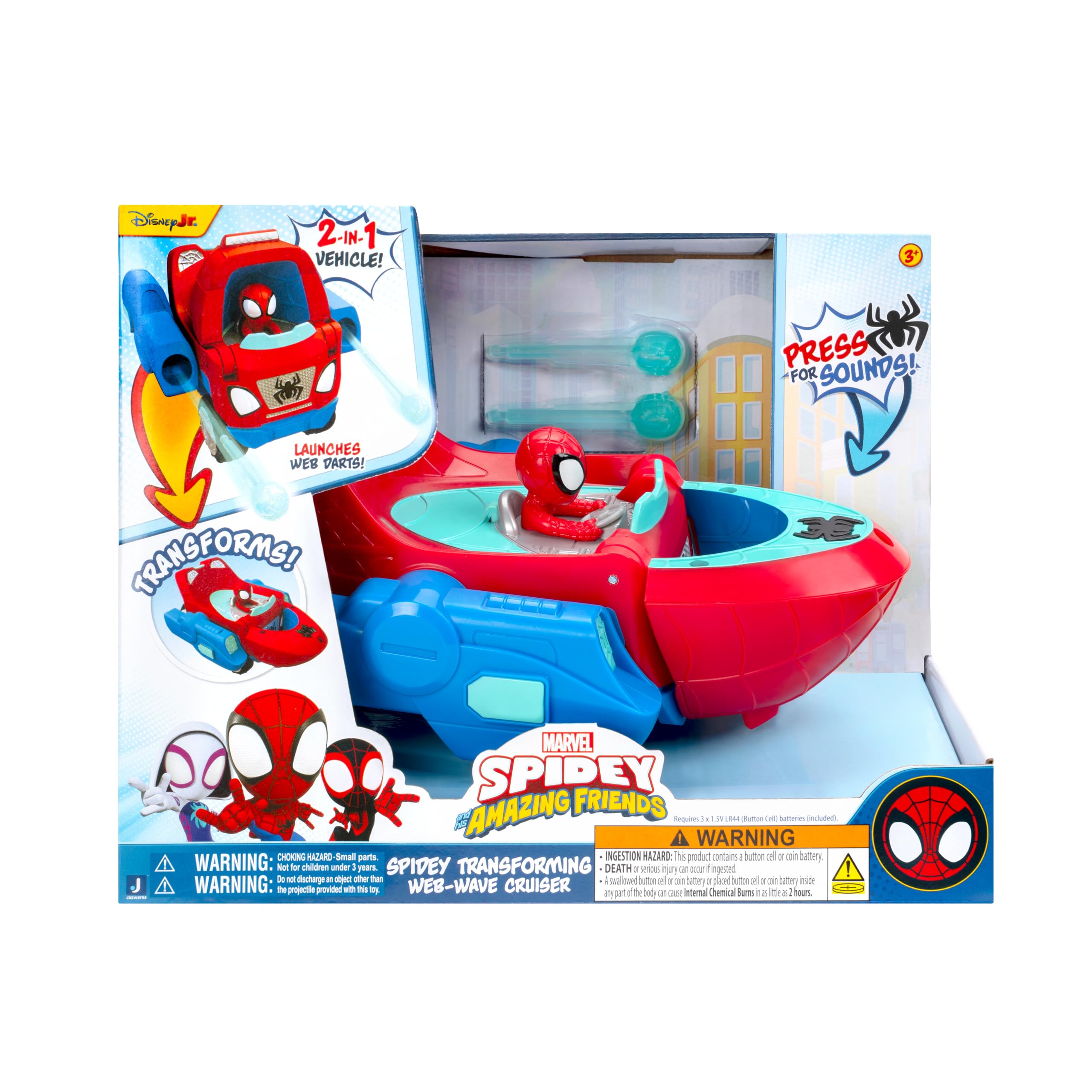 MARVEL Spidey and His Amazing Friends Spidey Transforming Web-Wave Cruiser - 9-Inch 2-In-1 Vehicle with Free Wheels and Web Dart Launchers