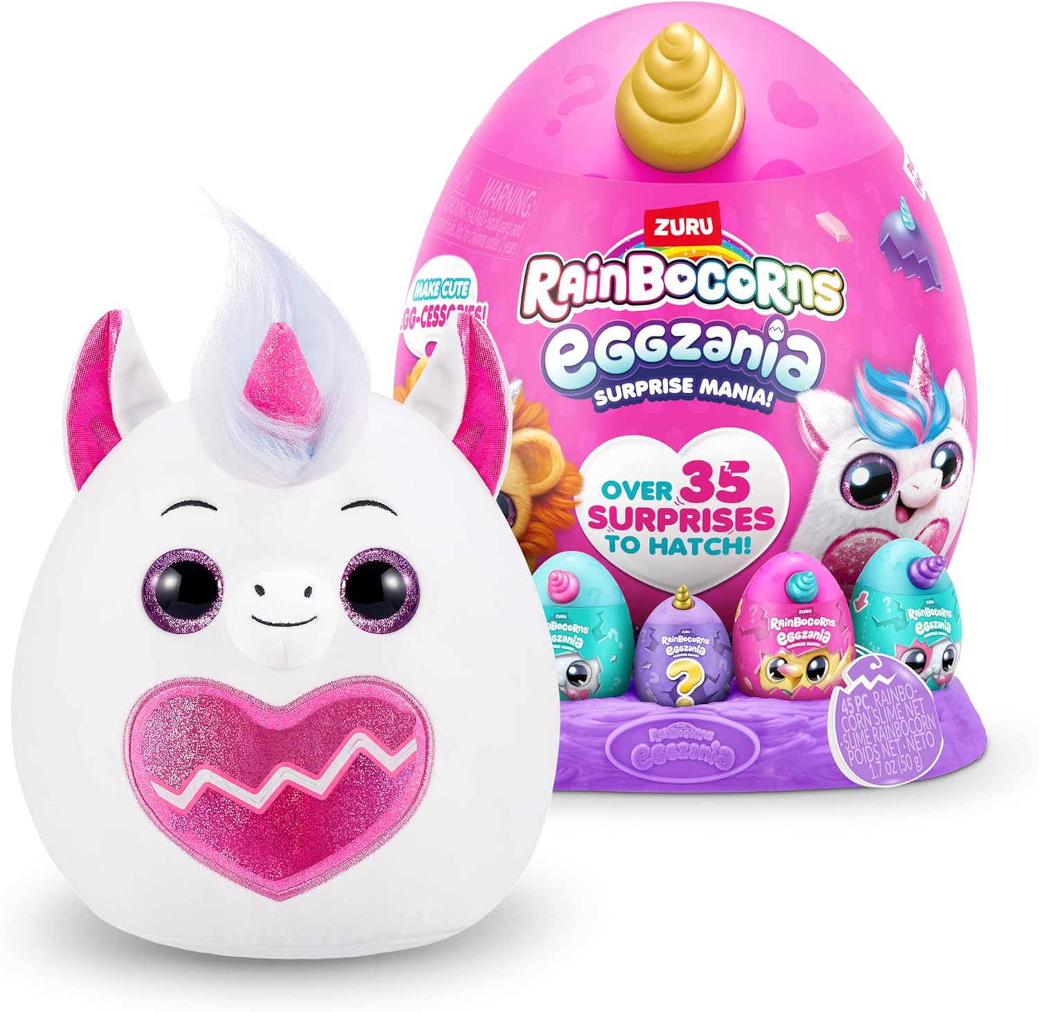Rainbocorns Eggzania Surprise Mania Series 1 (Unicorn) by ZURU, Collectible Plush Stuffed Animal, Surprise Eggs, 5 Mini Eggs, Stickers, DIY Jewelry, Slime, Ages 3+ for Girls, Children