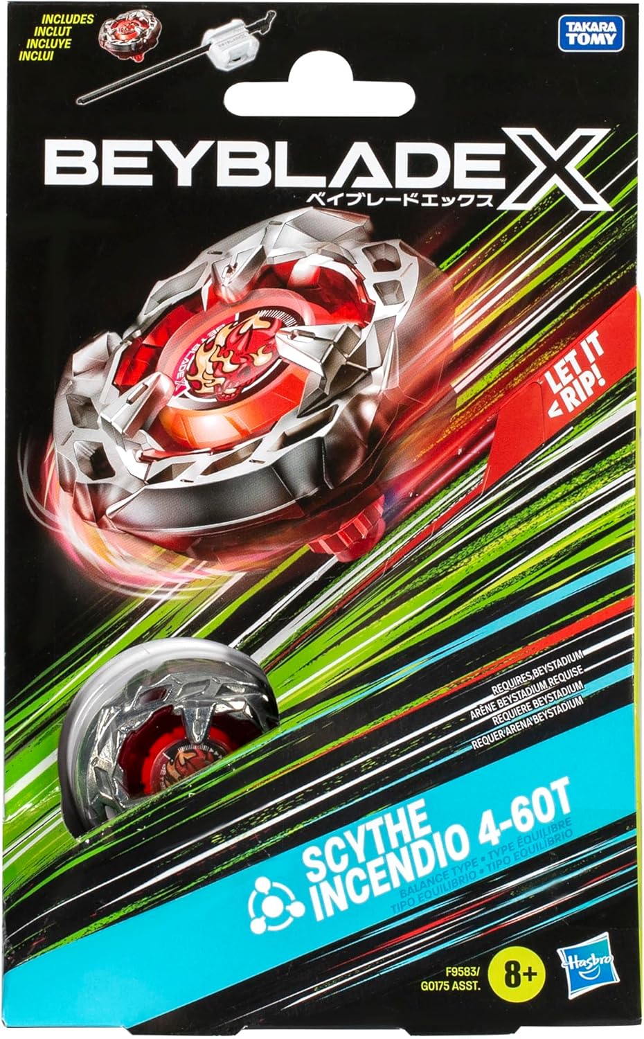 Beyblade X Scythe Incendio 4-60T Starter Pack Set with Balance Type Right-Spinning Top and Launcher; Battling Top Toys for 8 Year Old Boys and Girls