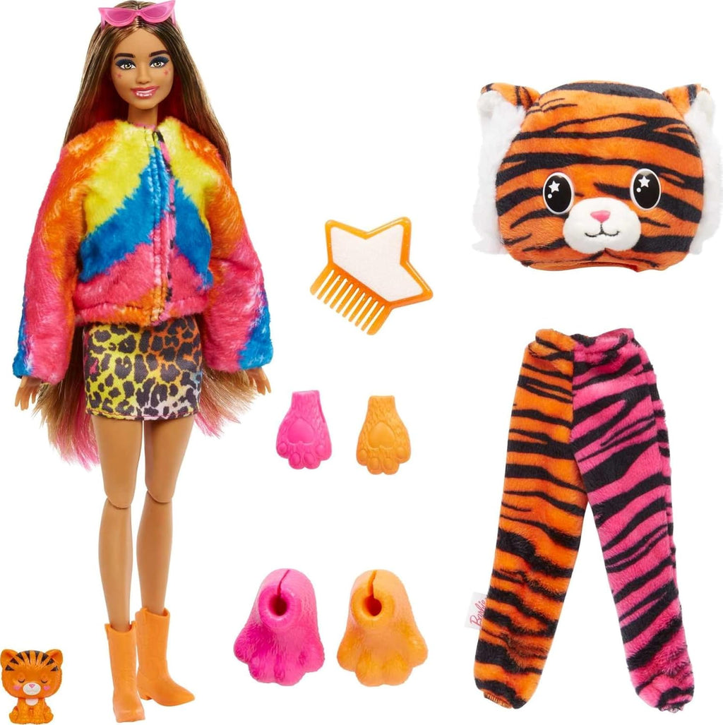 Barbie Jungle Series Cutie Reveal Doll, Doll with Plush Tiger Costume, 10 Surprises and Colour Changing, Child Toy, From 3 years, HKP99