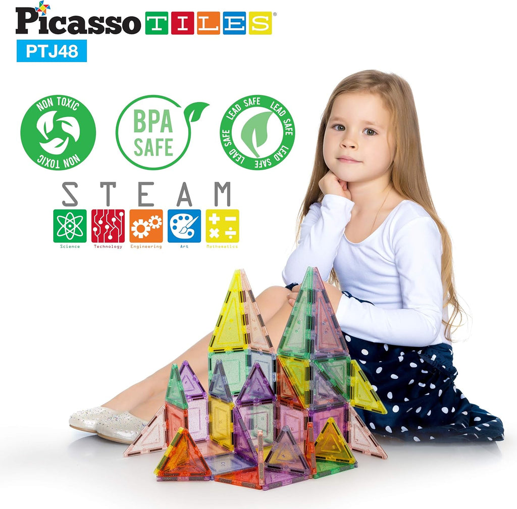 PicassoTiles Magnetic Tiles Blocks Magnet Tile Magnets Building Blocks Construction Toy Set with Reflective Leaf Flakes Magnetic Building Tiles Toys STEM Learning Kit Stacking Block Playset PTJ48