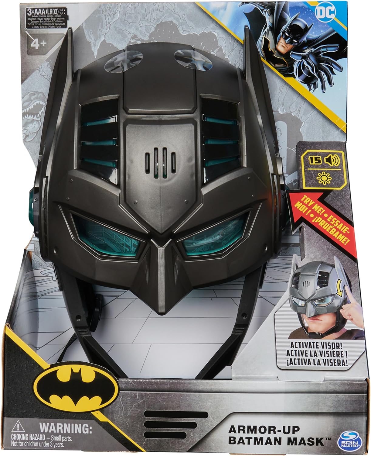 DC Comics, Máscara de Batman Armor-Up con Visor, más de 15 Sonidos y Frases, Luces, Disfraz de Halloween para Niños, Juego de Rol para Niños y Niñas de 4 años en Adelante