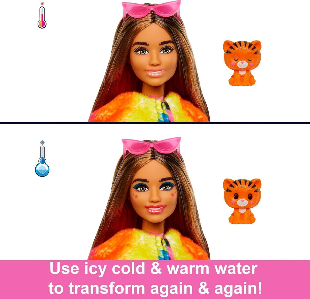 Barbie Jungle Series Cutie Reveal Doll, Doll with Plush Tiger Costume, 10 Surprises and Colour Changing, Child Toy, From 3 years, HKP99