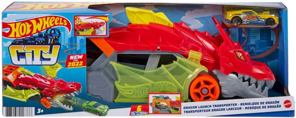 Hot Wheels City Toy Car Track Set, Dragon Launch Transporter &amp; 1:64 Scale Car, Launch Vehicles from Creature's Mouth, Stores up to 5 Vehicles