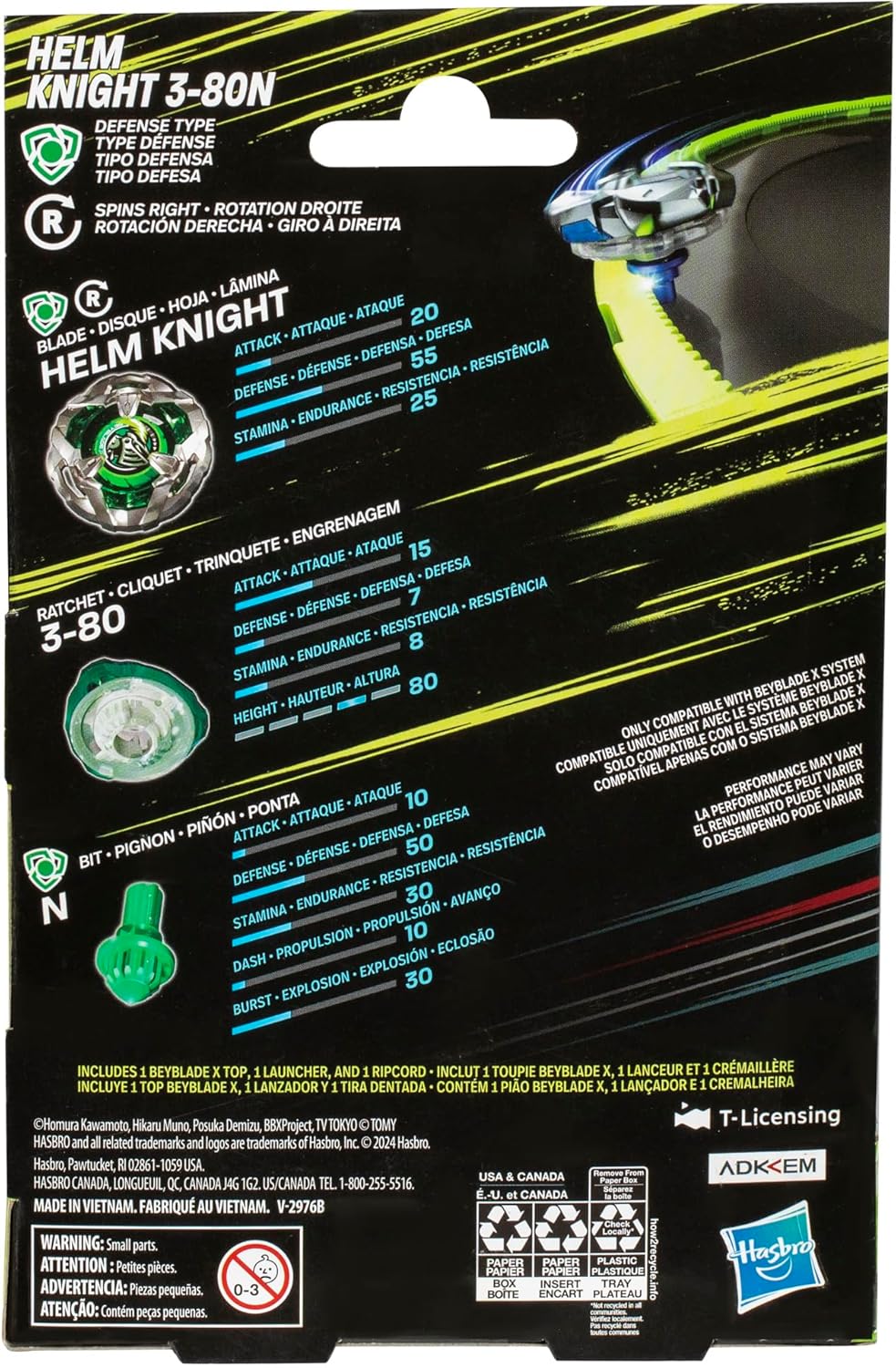 Beyblade X Helm Knight 3-80N Starter Pack Set with Defense Type Right-Spinning Top and Launcher; Battling Top Toys for 8 Year Old Boys and Girls
