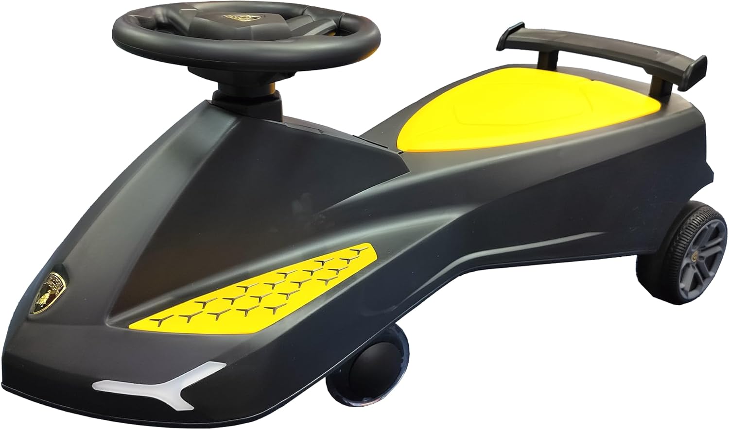 Lamborghini Swing Car Ride On with Lights and Sounds, 360 Rotation, Movable Rear Wing - Black