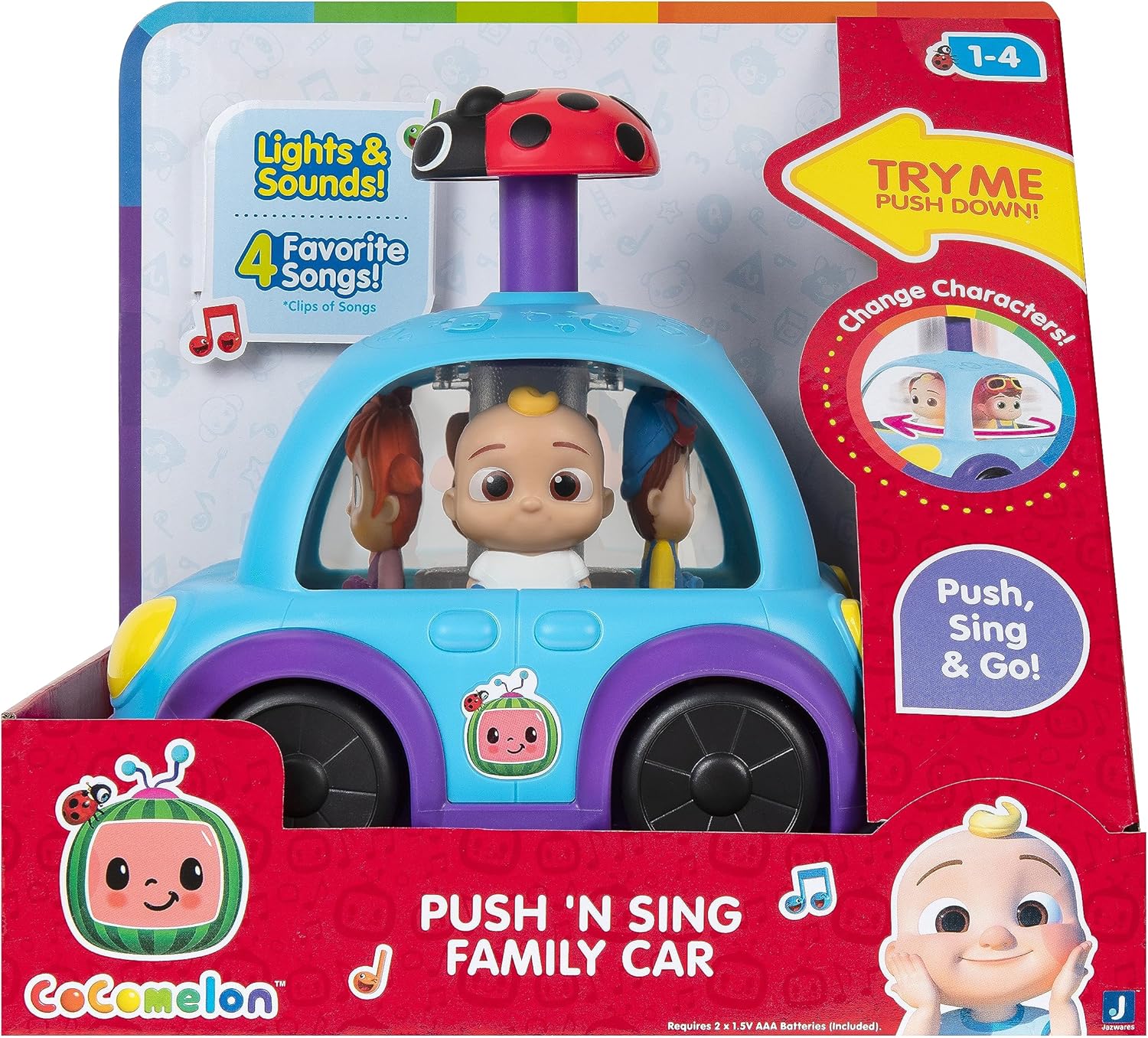 CoComelon Push 'N Sing - Coche familiar interactivo musical iluminado, personajes favoritos de los fanáticos y clips de canción, juguetes para niños pequeños y preescolares