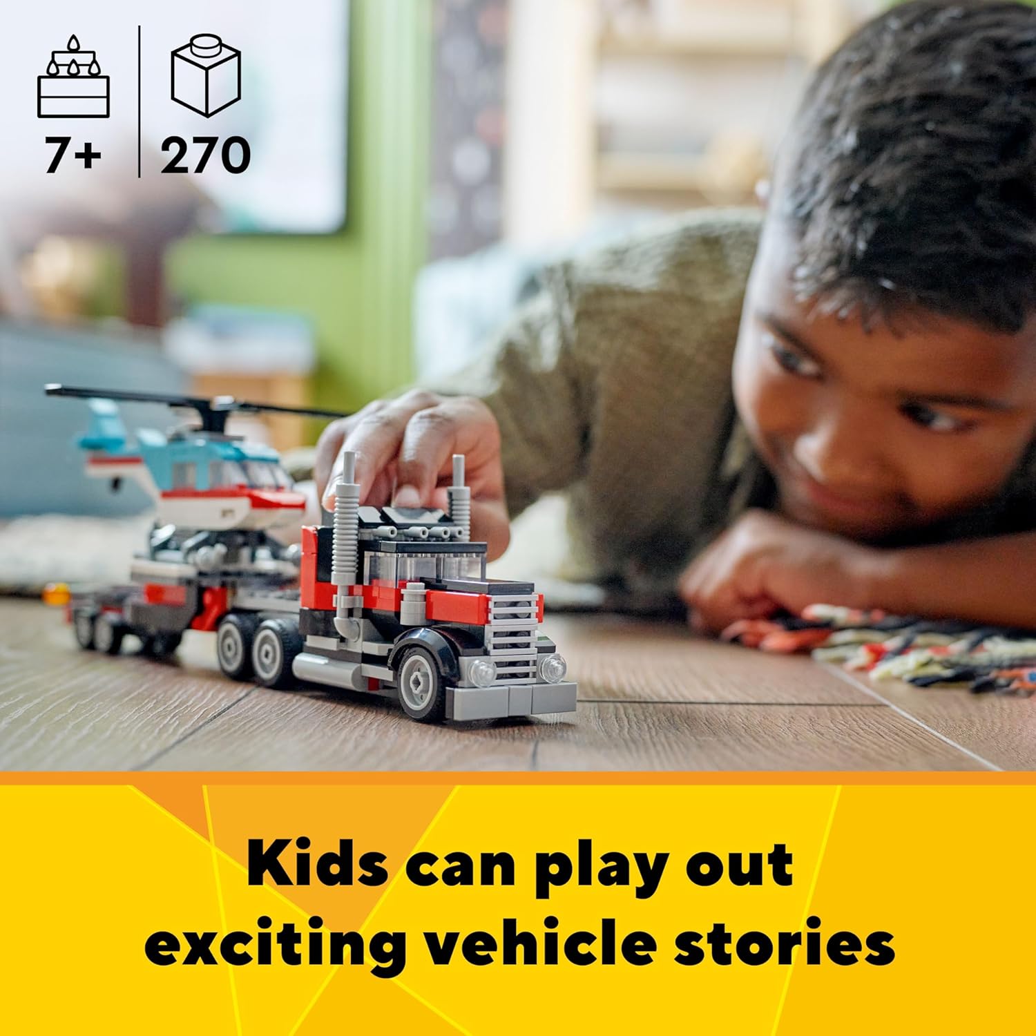 LEGO Creator 3 in 1 Flatbed Truck with Helicopter Toy, Transforms from Flatbed Truck Toy to Propeller Plane to Hot Rod and SUV Cars, Gift Idea for Boys and Girls Ages 7 Years Old and Up, 31146