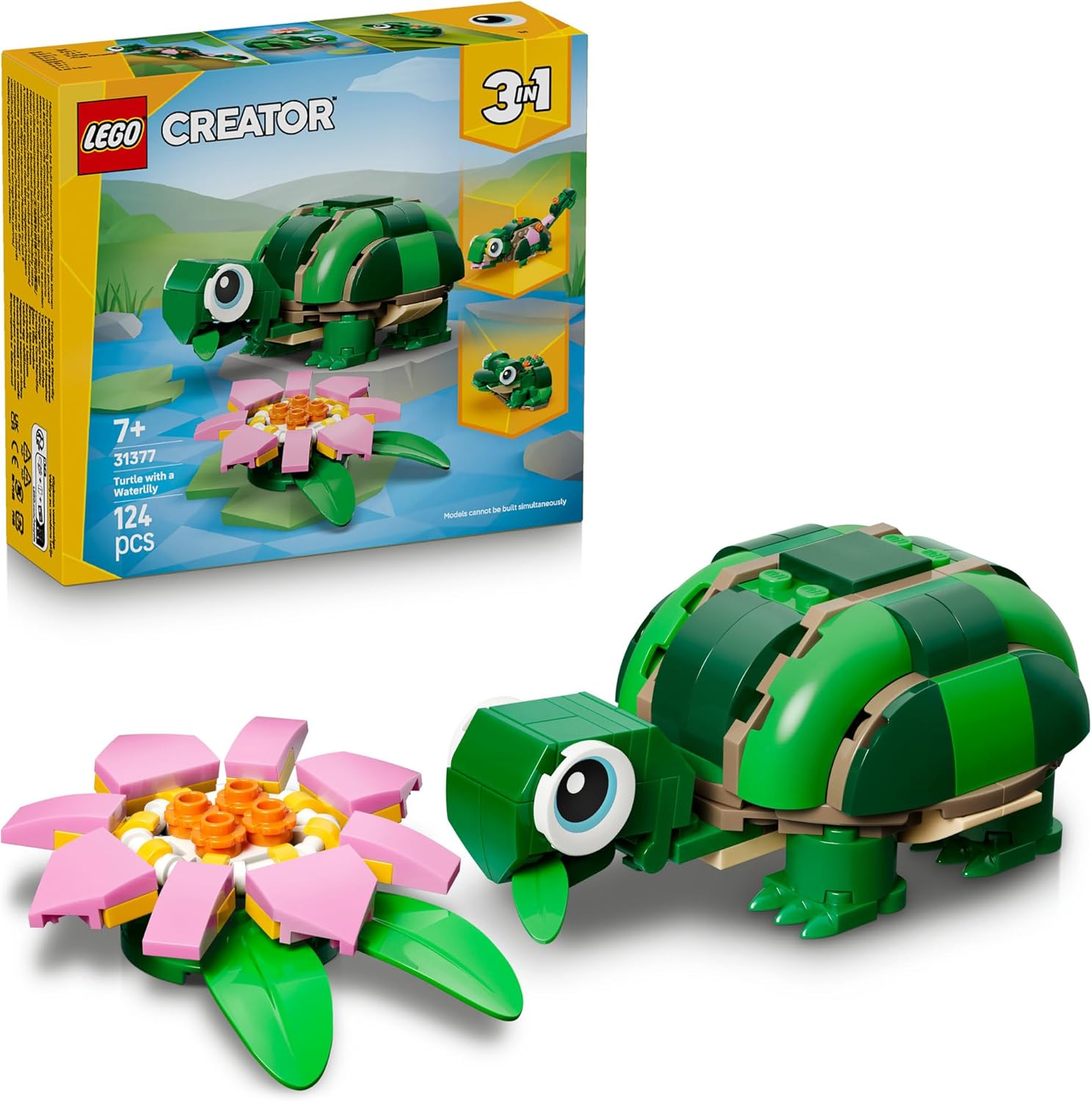 LEGO® Creator 3 in 1 Turtle with a Water Lily Flower 31377 Animal Toy - Building Set with 3 Build Options, Turtle, Chameleon or Frog - Animal Figures for Kids Aged 7+ - Toy for Girls and Boys