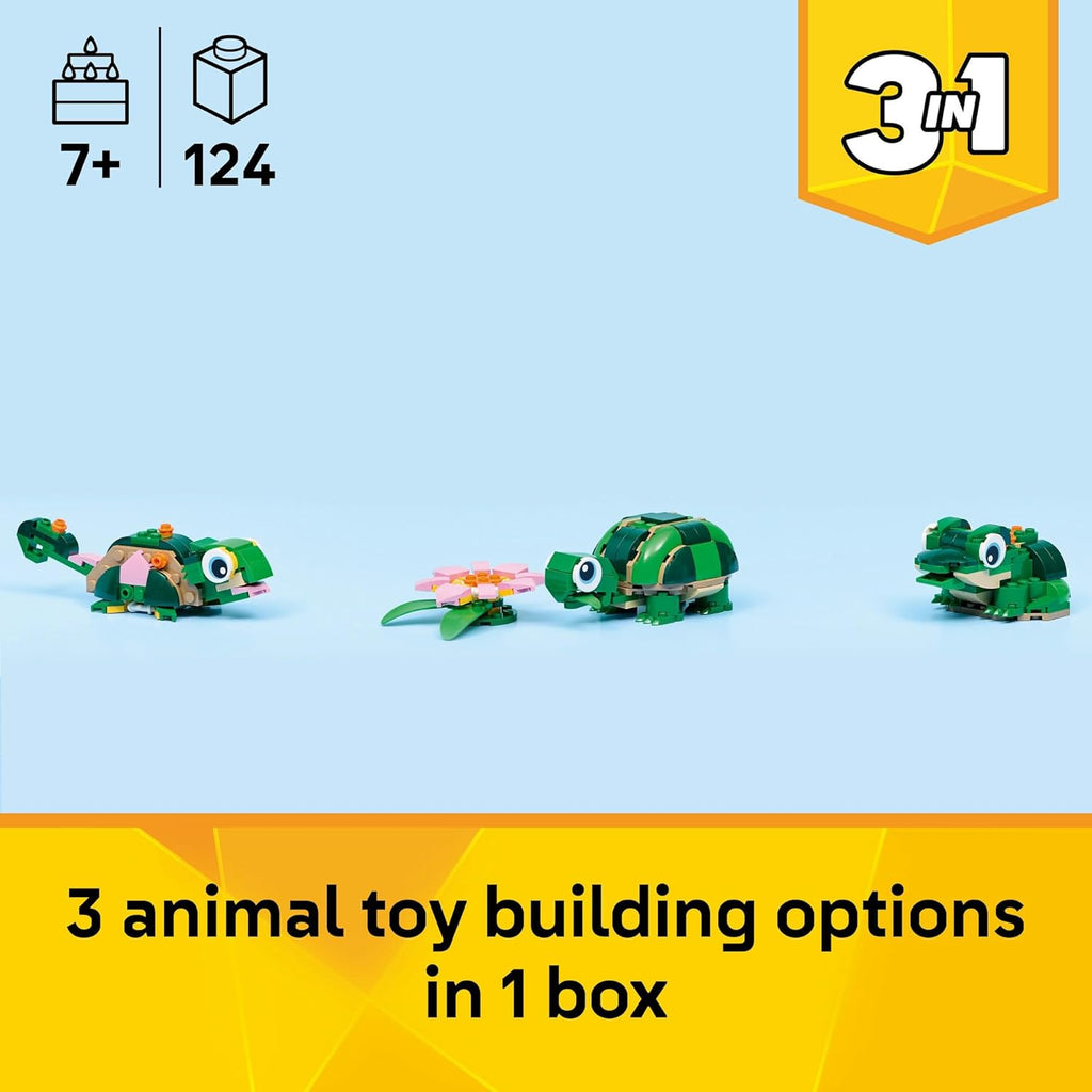 LEGO® Creator 3 in 1 Turtle with a Water Lily Flower 31377 Animal Toy - Building Set with 3 Build Options, Turtle, Chameleon or Frog - Animal Figures for Kids Aged 7+ - Toy for Girls and Boys