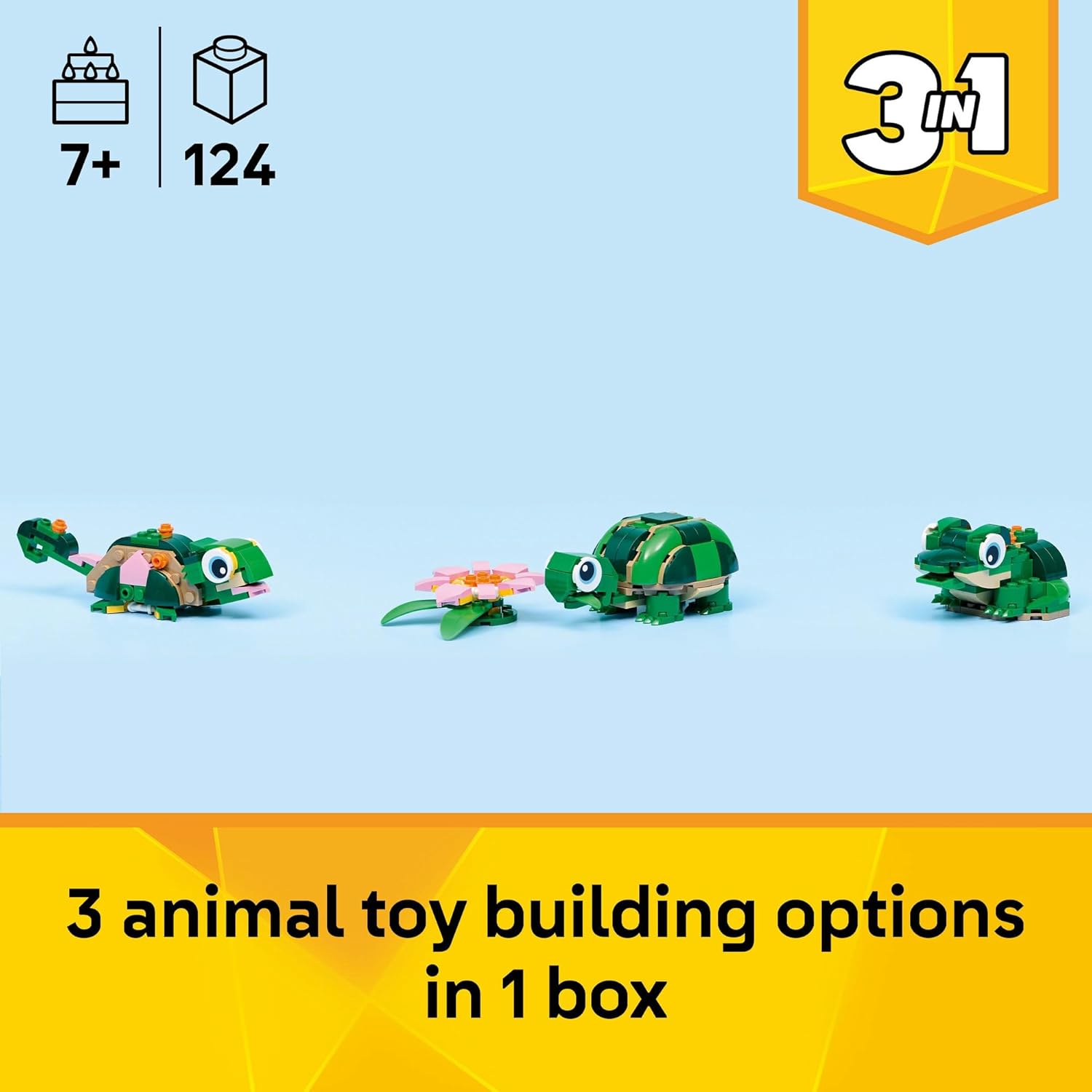LEGO® Creator 3 in 1 Turtle with a Water Lily Flower 31377 Animal Toy - Building Set with 3 Build Options, Turtle, Chameleon or Frog - Animal Figures for Kids Aged 7+ - Toy for Girls and Boys