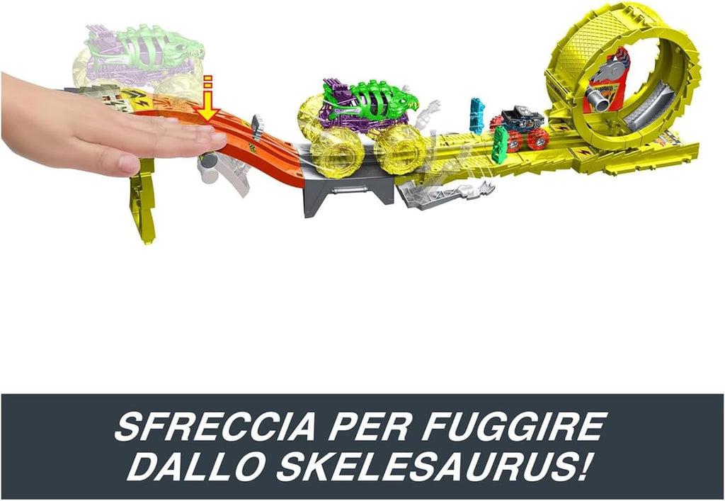 Hot Wheels Monster Trucks Track Set with 2 Toy Trucks: Oversized Skelesaurus &amp; 1:64 Scale Bone Shaker, Charge &amp; Chase Challenge with 2 Crushed Cars