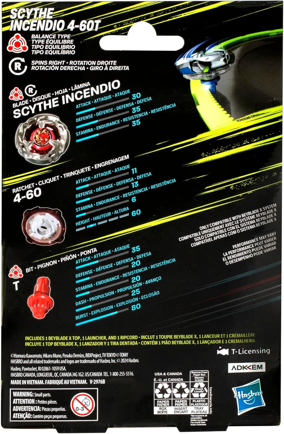 Beyblade X Scythe Incendio 4-60T Starter Pack Set with Balance Type Right-Spinning Top and Launcher; Battling Top Toys for 8 Year Old Boys and Girls
