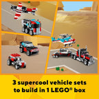 LEGO Creator 3 in 1 Flatbed Truck with Helicopter Toy, Transforms from Flatbed Truck Toy to Propeller Plane to Hot Rod and SUV Cars, Gift Idea for Boys and Girls Ages 7 Years Old and Up, 31146
