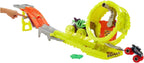Hot Wheels Monster Trucks Track Set with 2 Toy Trucks: Oversized Skelesaurus &amp; 1:64 Scale Bone Shaker, Charge &amp; Chase Challenge with 2 Crushed Cars