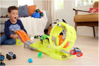 Hot Wheels Monster Trucks Track Set with 2 Toy Trucks: Oversized Skelesaurus &amp; 1:64 Scale Bone Shaker, Charge &amp; Chase Challenge with 2 Crushed Cars