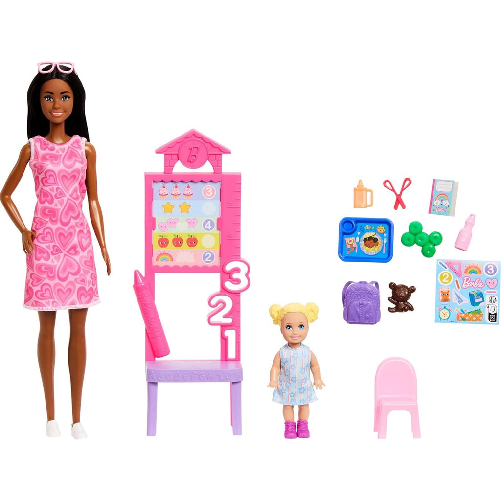 Barbie Teacher Doll with Brunette Fashion with Printed Dress, 1 Toddler, & Teaching Accessories
