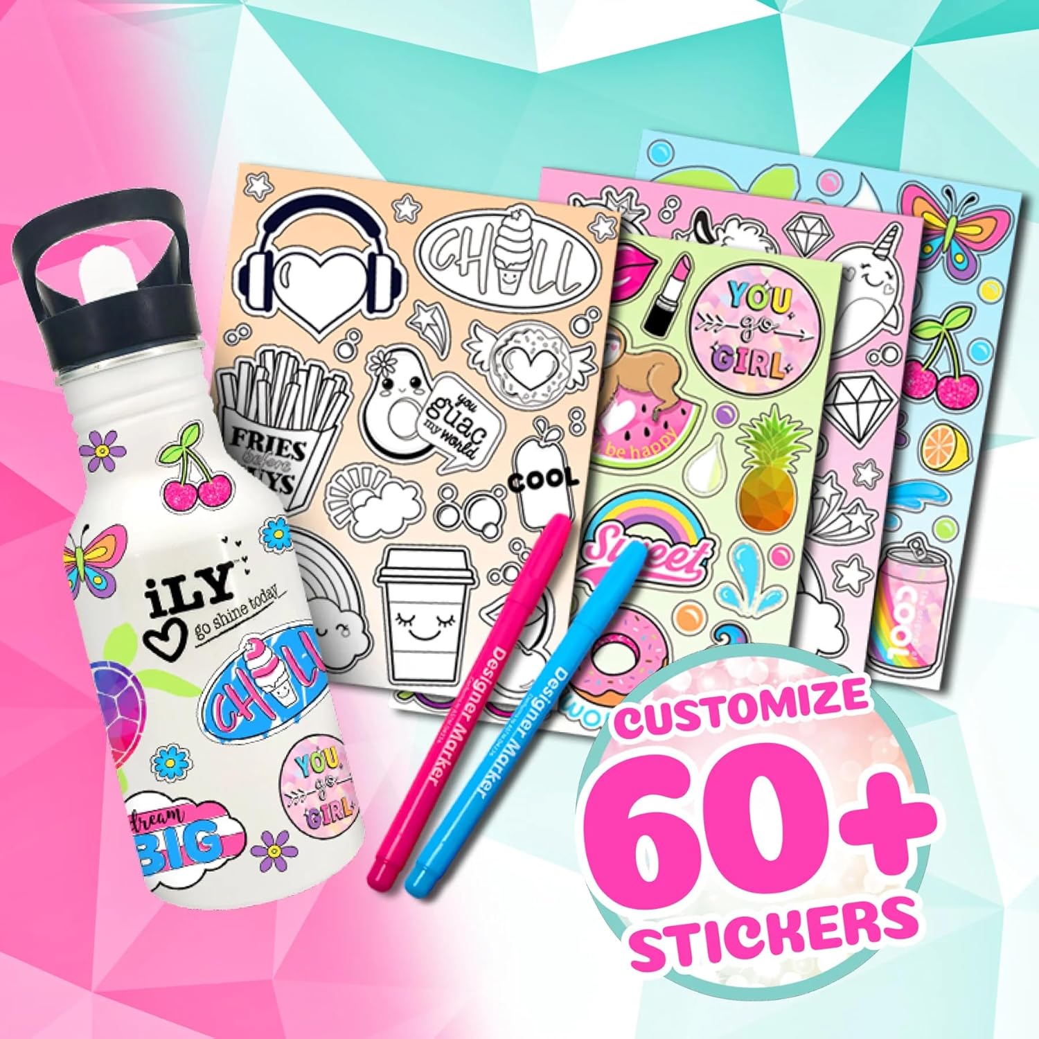 iLY ACTIVITY KINGS Insulated Hydro Water Bottle With Straw For Girls &amp; Boys | Eco-Friendly, BPA Free | Dishwasher Safe | (2 Markers, 60 Stickers, Kids 6+)