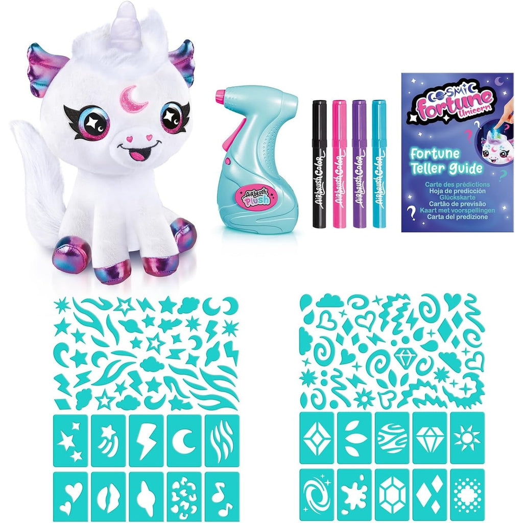 Canal Toys - Airbrush Plush - Customisable Cosmic Unicorn Soft Toy with Luminous Horn - with Prediction Card, Markers and Ste