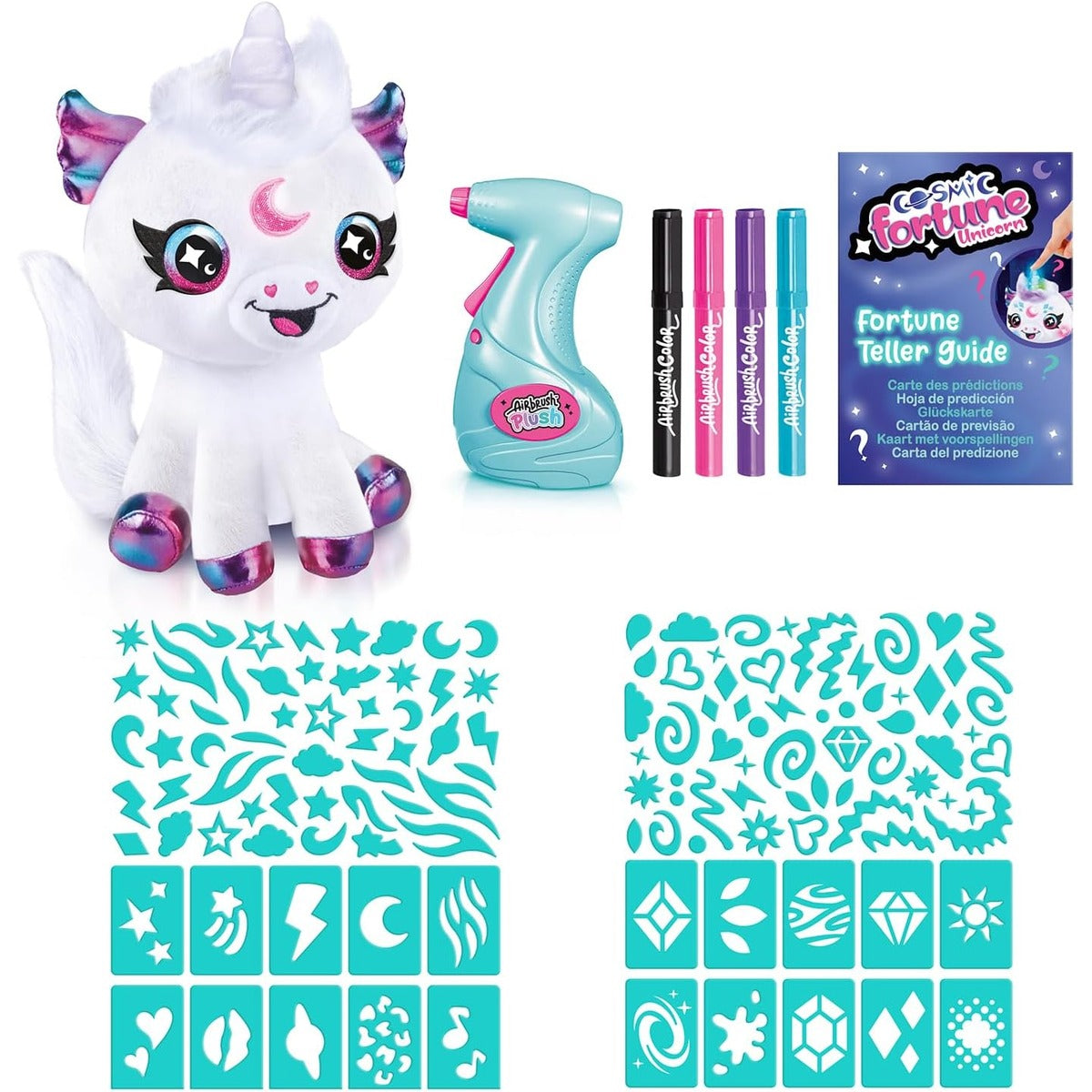 Canal Toys - Airbrush Plush - Customisable Cosmic Unicorn Soft Toy with Luminous Horn - with Prediction Card, Markers and Ste