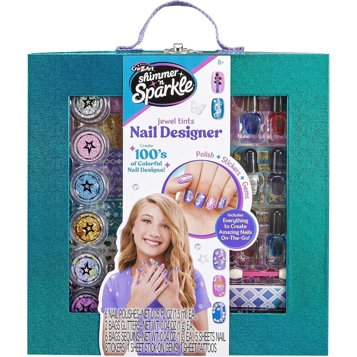 SNS Jewel Nail Tint Designer Kit for Girls, All-in-One Art Set with 6 Nail Polishes, Glitters, Sequins, Stickers, Stick On Gems, Tattoos, Nail Polish Set for Birthday Parties & Makeovers, Ages 8+