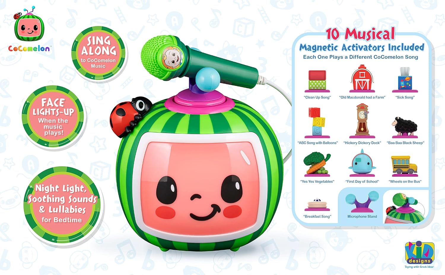 eKids Cocomelon Toy Karaoke Machine for Kids with Microphone and Musical Activators, Includes Night Light with Sleep Sounds and Lullabies for Toddlers, Green
