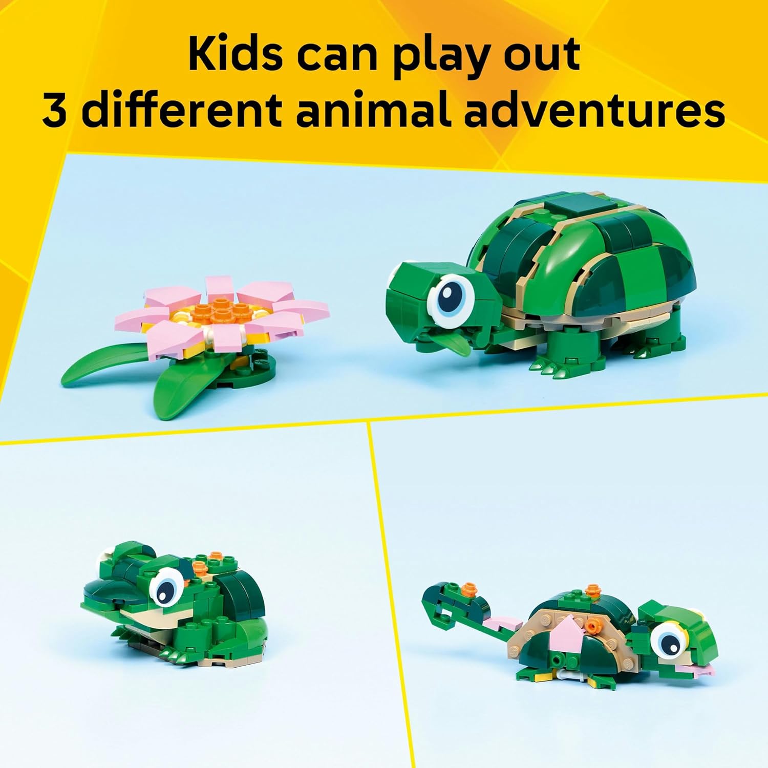 LEGO® Creator 3 in 1 Turtle with a Water Lily Flower 31377 Animal Toy - Building Set with 3 Build Options, Turtle, Chameleon or Frog - Animal Figures for Kids Aged 7+ - Toy for Girls and Boys