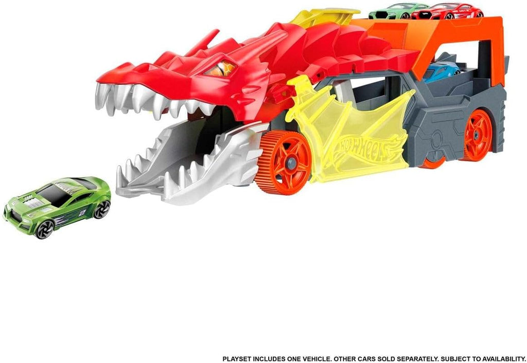 Hot Wheels City Toy Car Track Set, Dragon Launch Transporter &amp; 1:64 Scale Car, Launch Vehicles from Creature's Mouth, Stores up to 5 Vehicles