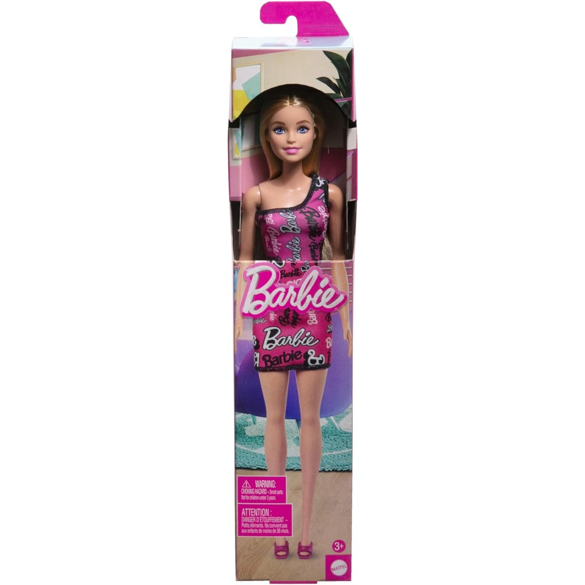 Barbie® Doll with Smooth Blonde Hair Dressed in Asymmetric Removable Pink Dress and Logo Print Shoes, HRH07